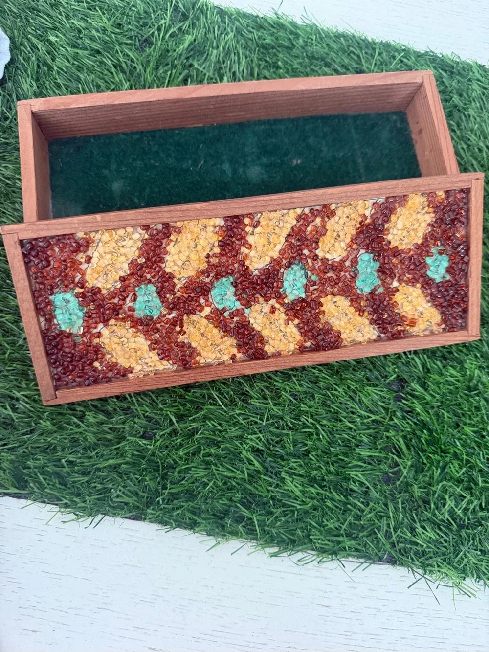 Vintage Beaded Mosaic Wood Trinket Box  in Browns & Turquoise Color